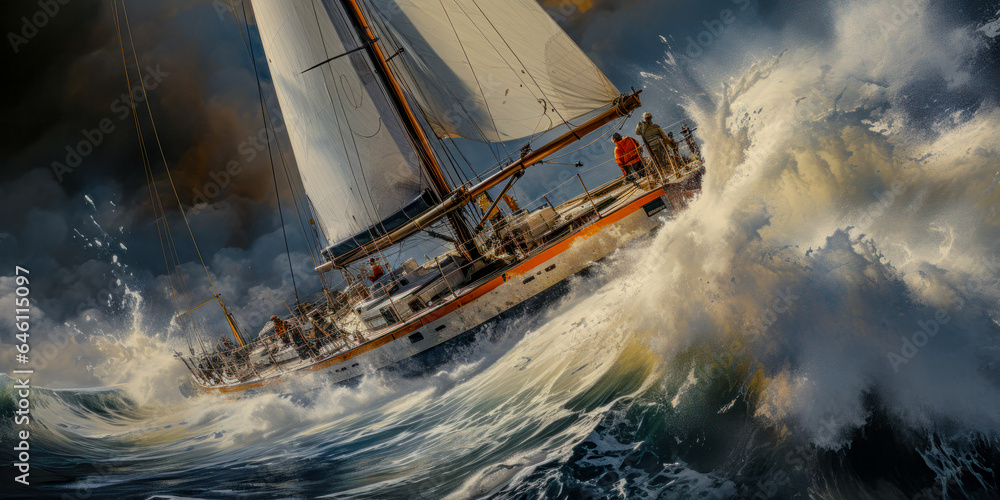 Obraz premium Abstract Painting of a Sailboat in a Regatta on the Stormy Ocean Digital Art Wallpaper Background Backdrop Poster Cover Generative AI KI