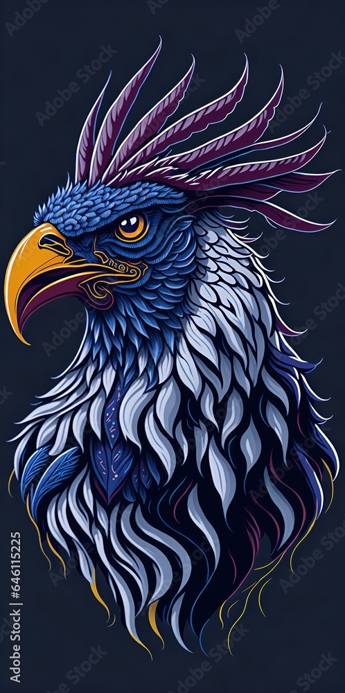 Obraz premium A detailed illustration of a vintage rooster head, with Griffin hybrid, glossy feathers, Digital art