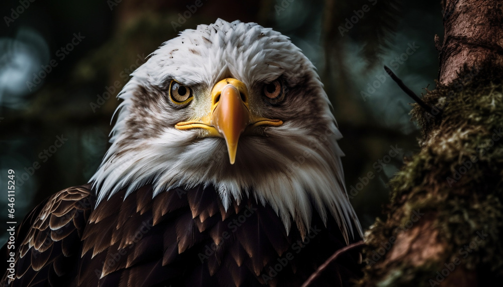 Majestic bald eagle perching on branch, looking at camera generated by AI Majestic bald eagle perching on branch, looking at camera generated by AI