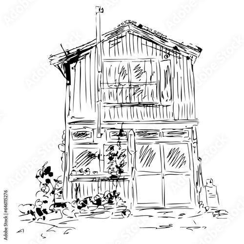 Hand drawing sketch old store building. Perfect print for tee, poster, card, sticker. Doodle vector illustration for decor and design.