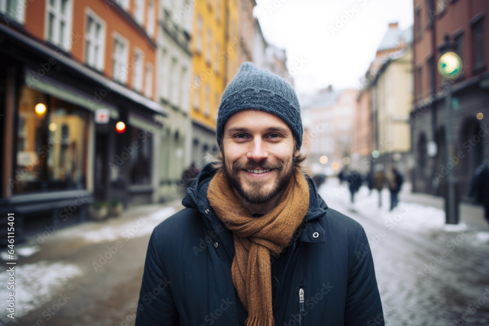 Fototapeta premium Portrait of a young smiling man standing on the city street in Stockholm