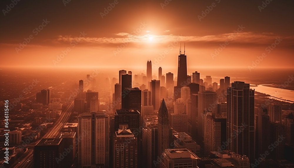 Modern city skyline illuminated by sunset, reflecting futuristic development generated by AI
