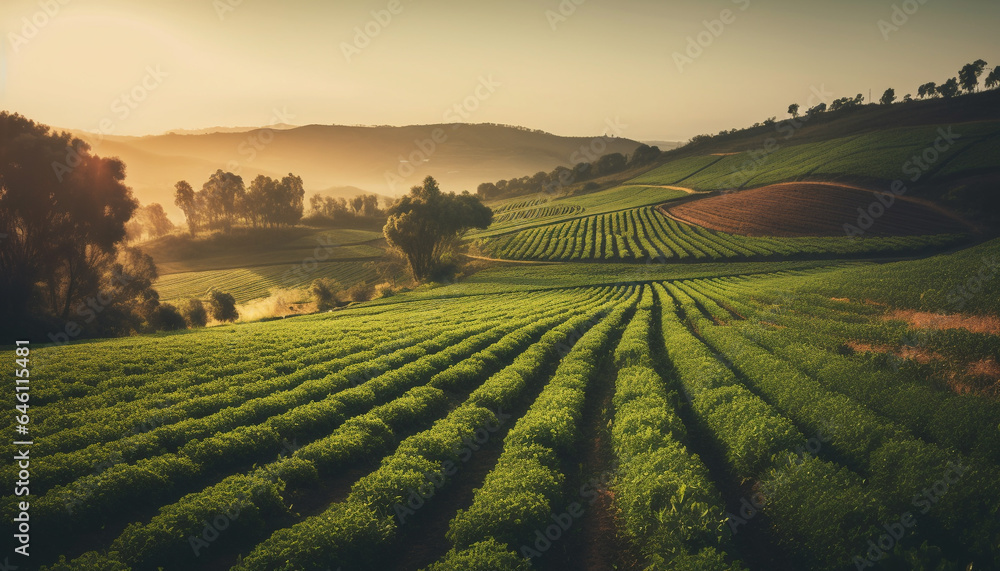 Organic tea crop harvested in rolling landscape under tranquil sunset generated by AI