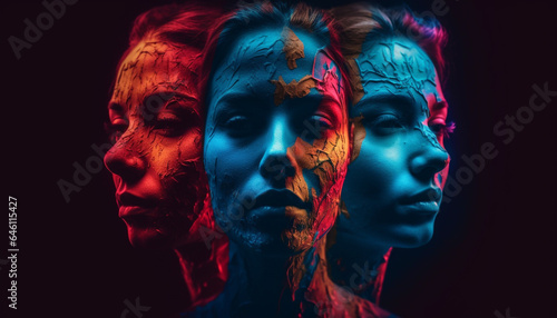 Abstract beauty in futuristic portrait of young adult with face paint generated by AI