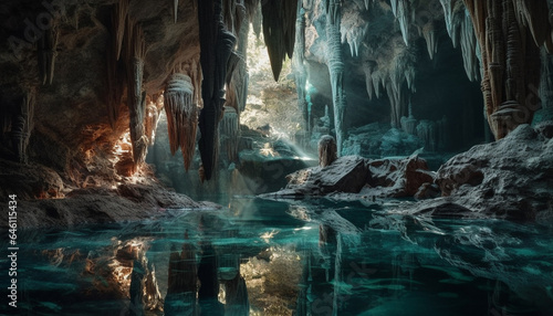 Photographie Adventure in majestic cave frozen stalactites reflect tranquil beauty generated