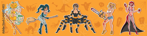 Halloween Vectors Girls. Happy Halloween Party. Witch Ride Broom. Pumpkin Girl. Stickers. Halloween Set