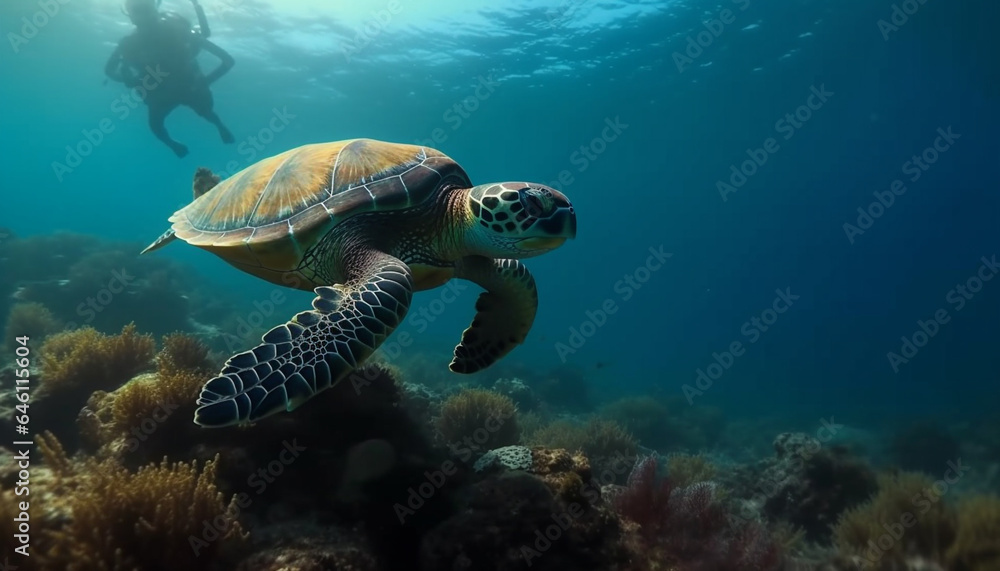Fototapeta premium Multi colored sea turtle swimming in idyllic underwater reef environment generated by AI