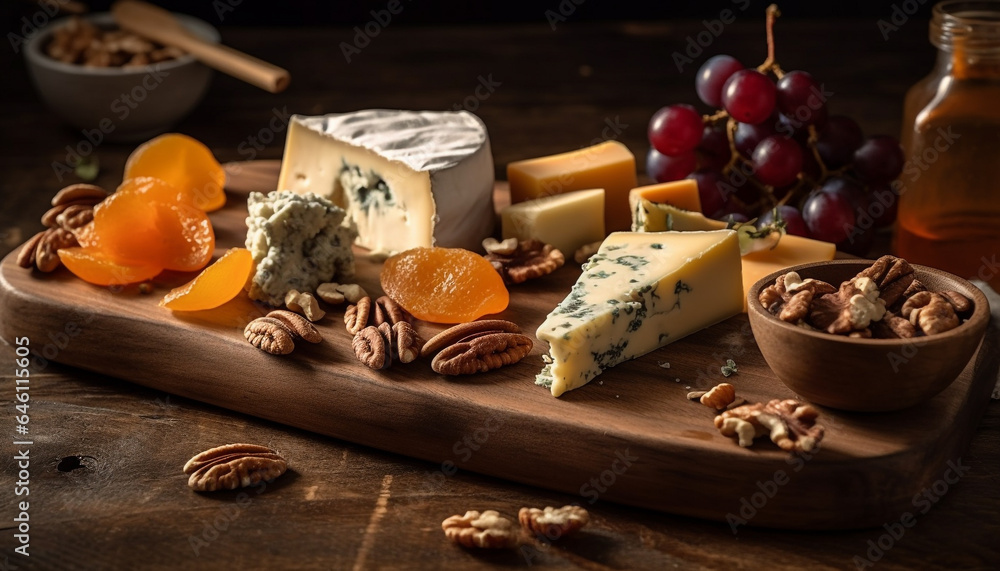 A rustic French cheese plate with gourmet variations and fresh fruit generated by AI