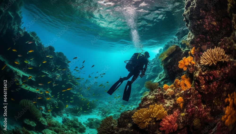 Men and women scuba diving below tropical reef, exploring sea life generated by AI