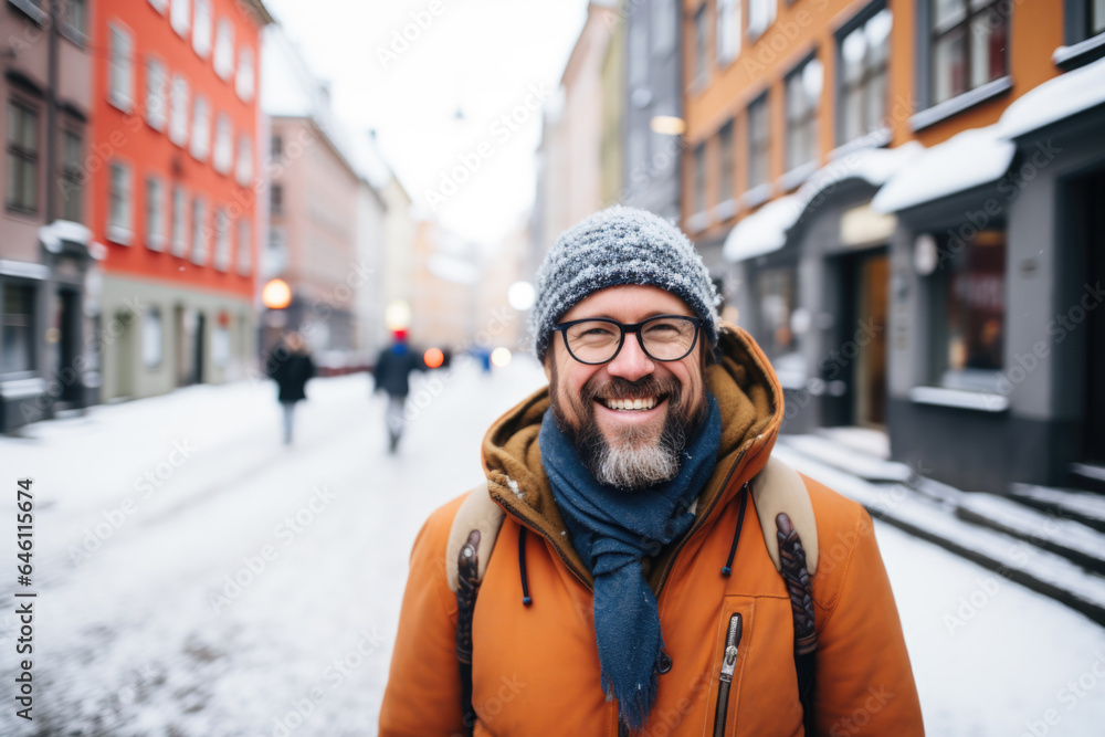 Portrait of a young smiling man standing on the city street in Stockholm Portrait of a young smiling man standing on the city street in Stockholm
