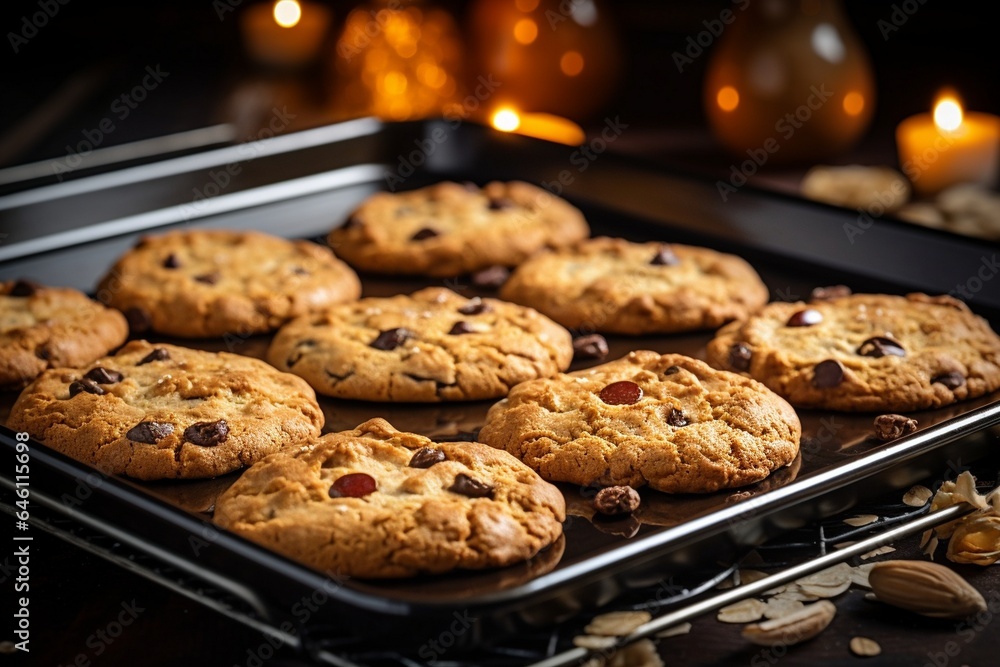 Baking tray with chocolate chip oatmeal cookies in the oven, Homemade chocolate cookies on baking paper and baking tray closeup 