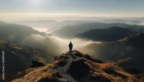 One person hiking mountain peak, surrounded by nature beauty generated by AI © Stockgiu