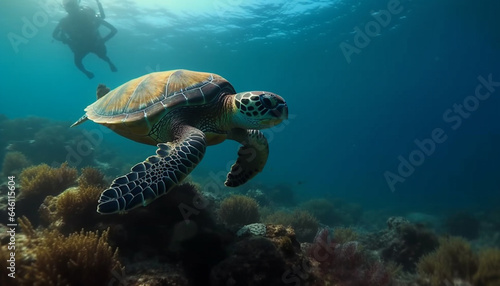 Multi colored sea turtle swimming in idyllic underwater reef environment generated by AI