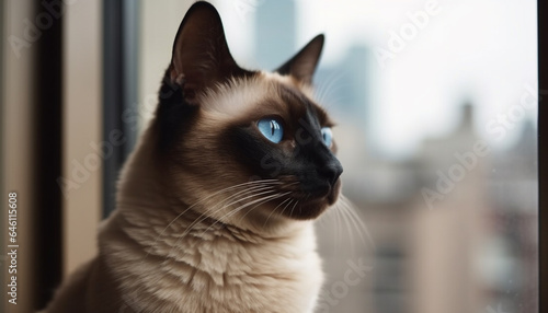 Blue eyed kitten staring outdoors, cute and fluffy with softness generated by AI