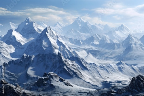 Snow-covered mountain range with glacier, blue sky, and panoramic view. Concept of travel and adventure. © Postproduction