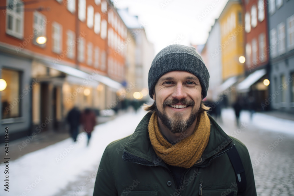 Portrait of a young smiling man standing on the city street in Stockholm Portrait of a young smiling man standing on the city street in Stockholm