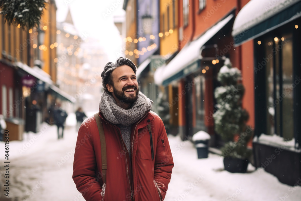 Portrait of a young smiling man standing on the city street in Stockholm