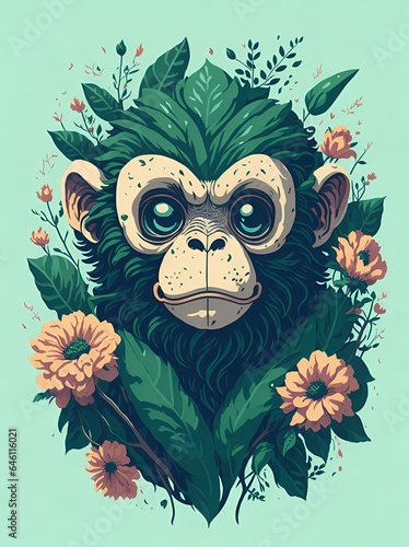 A detailed illustration of a vintage monkey head, green floral pastel tetradic colors, digital art