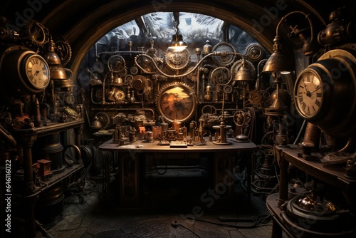 Secret underground steampunk workshop. Generative AI