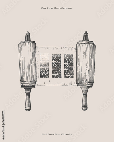 Open Torah is the holy book in Judaism. Scroll with the religious text of the Jews. Traditional sign of the Jewish faith. Vector illustration in engraving style.