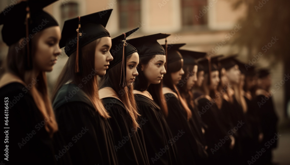 Fototapeta premium Graduation ceremony celebrates success of diverse group of intelligent students generated by AI