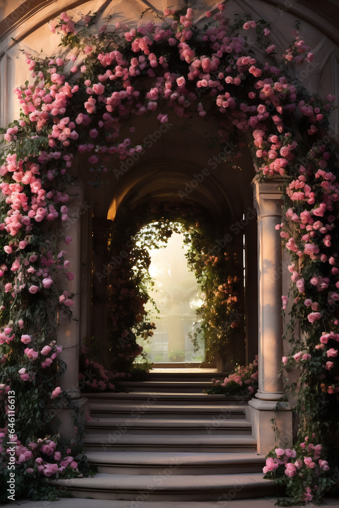 Fototapeta premium arch in the garden, Pink Roses, Photography Background, backdrop. 