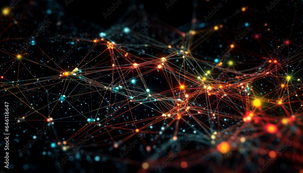 Obraz premium Futuristic backdrop with glowing multi colored geometric shapes and data patterns generated by AI