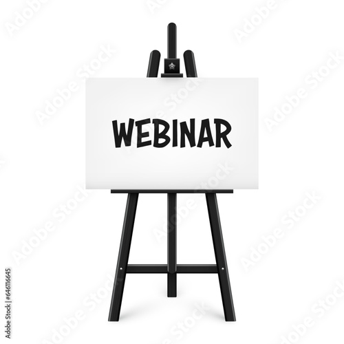 Realistic paint desk with text on white canvas. Black wooden easel and a sheet of drawing paper. Presentation board on a tripod. Distance education, online courses and e-learning. Vector illustration