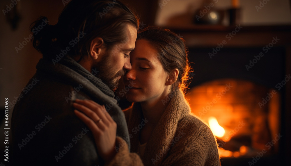 Young couple embracing in cozy living room by warm fire generated by AI