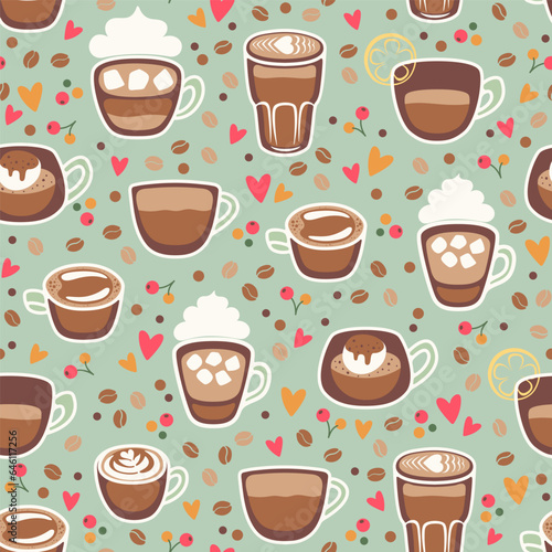 Seamless pattern with different coffee cups. Latte  espresso  cappuccino  affogato  romano. Vector illustration.
