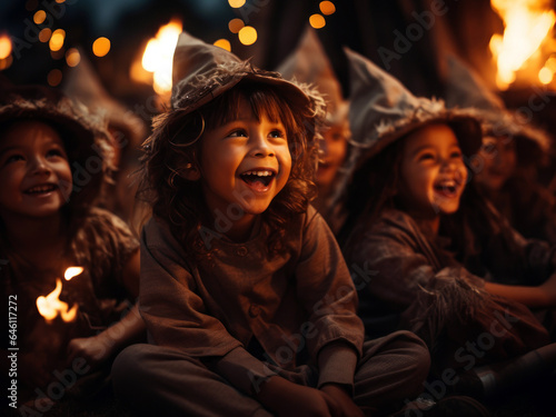 group of excited kids in Halloween costumes and hats