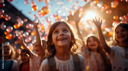 group of children releasing colorful balloons into the sky