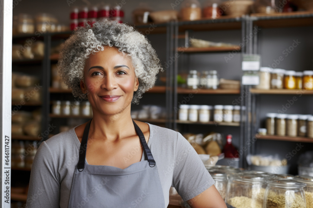 Portrait of a smiling senior black woman, healthy food store owner Portrait of a smiling senior black woman, healthy food store owner