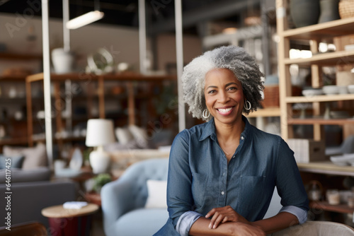 Portrait of a smiling woman with grey hair  small business owner in her furniture store