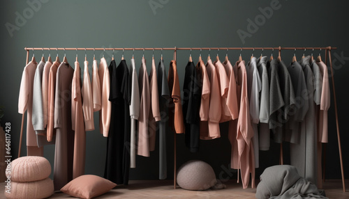Modern fashion collection hanging in elegant boutique, striped garment variation generated by AI