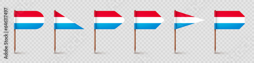 Luxembourgish toothpick flags. Souvenir from Luxembourg. Wooden toothpicks with paper flag. Location mark, map pointer. Blank mockup for advertising and promotions. Vector illustration