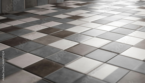 Geometric mosaic tile flooring shapes modern city architecture backdrop generated by AI