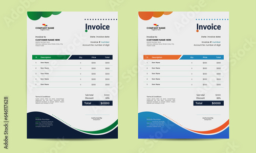 Minimal invoice layout design .Multiple coloured Bright Invoice template for corporate business with two variations