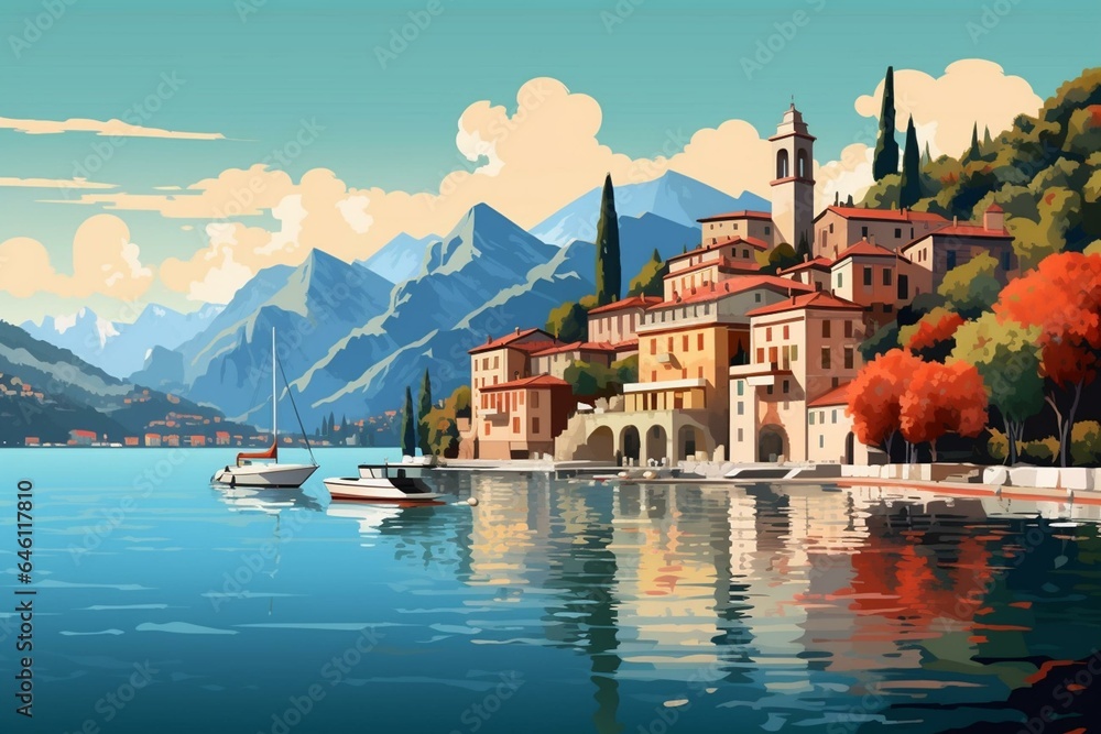 Illustration of Lake Como in Italy, featuring a scenic landscape. Perfect for posters, postcards, and art prints. Generative AI