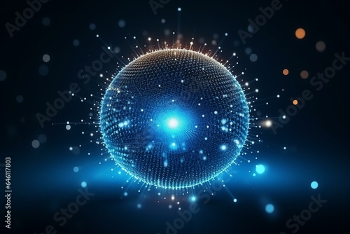 Blue sphere with explosion effect, consisting of points. Big data visualization, technology wave. 3D rendering. Generative AI
