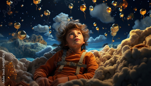 imaginative child in pajamas, floating in a dreamy, starry night sky filled with floating balloons
