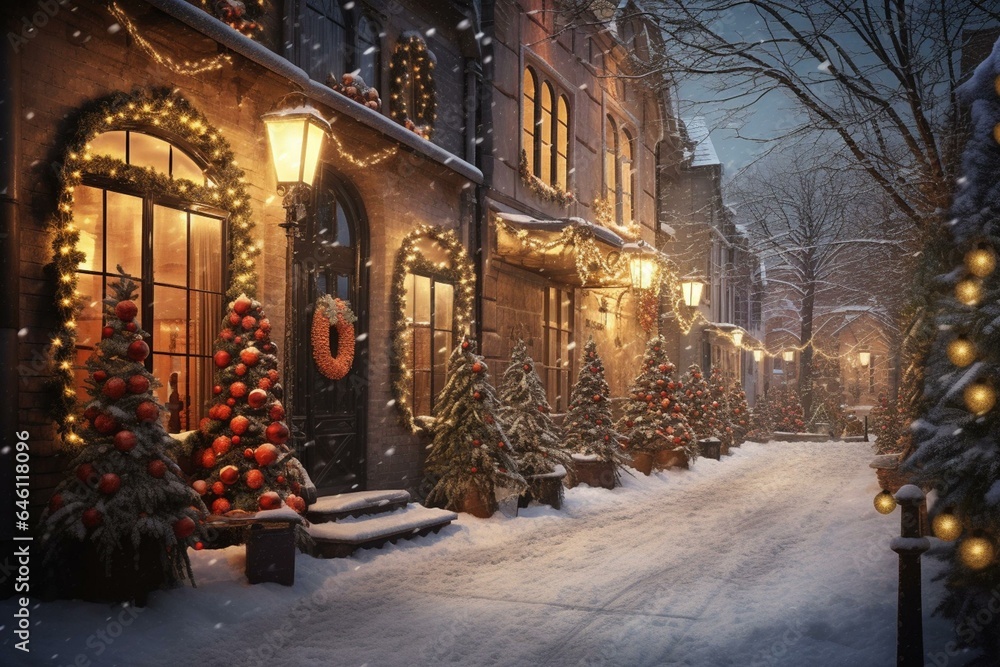 A charming winter street decorated with festive lights and snow. Nostalgic Christmas evening setting. Generative AI