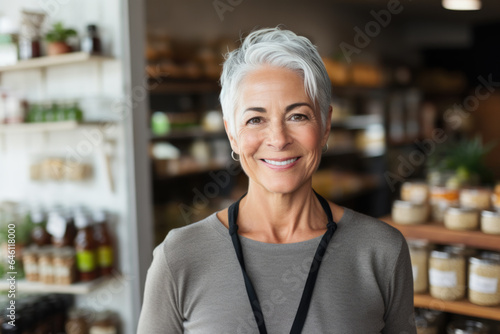Portrait of a smiling senior black woman, healthy food store owner