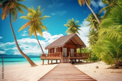 Sandy beach with palm trees and a wooden bungalow on a paradise island. Tropical seascape, sunny vacation beach. Generative AI