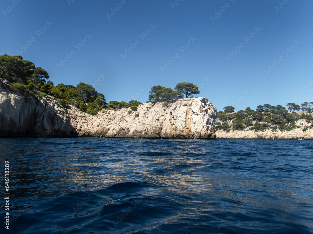 Kayaking to the Calanques fjords on the Mediterranean sea near Cassis in summer