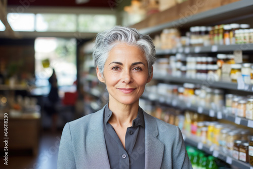 Portrait of a smiling senior black woman, healthy food store owner