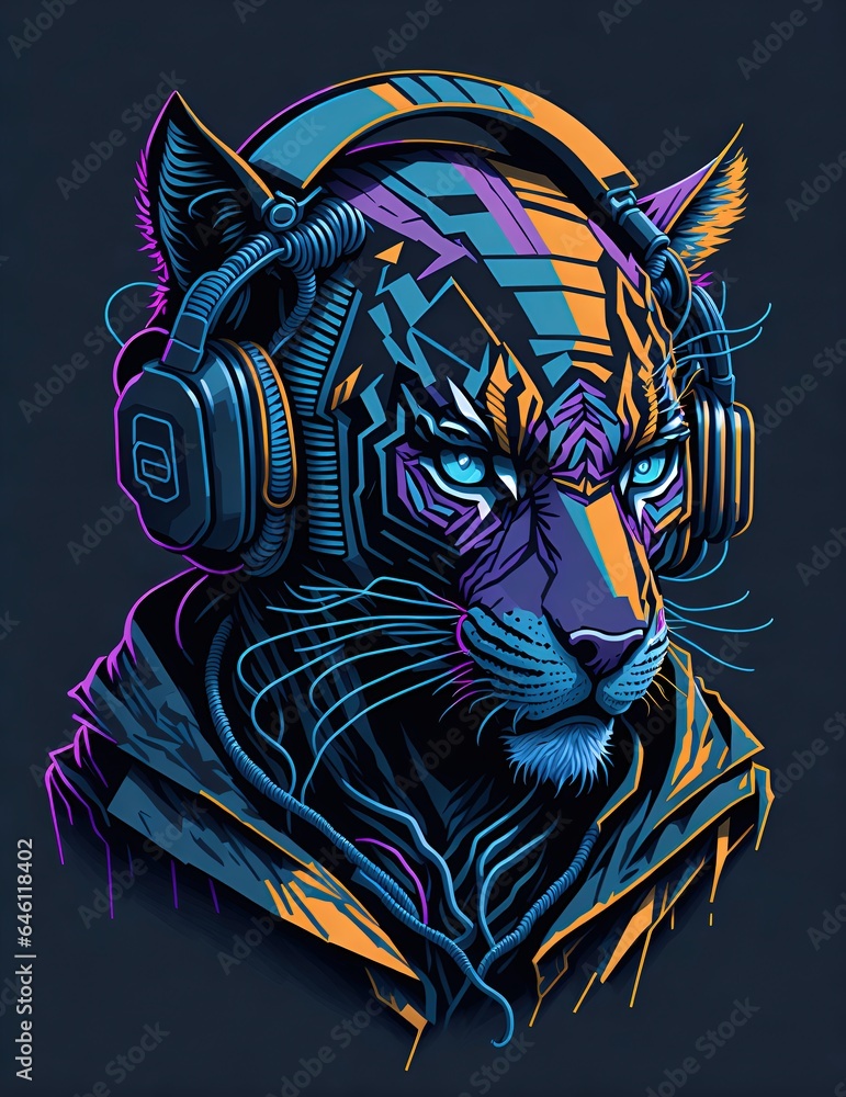 Fototapeta Colorful graffiti illustration of a Tiger as a DJ, wearing headphones, vibrant colors, Digital art