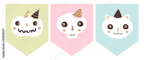 Funny Hand Drawn Halloween Vector Bunting. Garland with White Skull, Pumpkin and Cat on a Pastel Pink, Light Blue and Light Green Background. Halloween Party DIY Printable Decoration. RGB Colors.