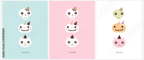 Funny Hand Drawn Halloween Vector Cards. Set of 3 Prints with Skull, Pumpkin and Cat on a Pastel Pink, Light Blue and White Background. Halloween Party  Illustrations. RGB Colors.