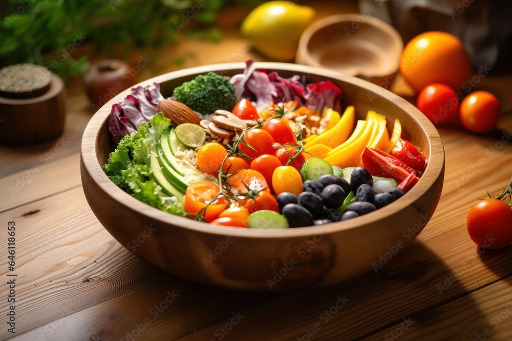 Delicious Healthy Colorful Salad with Vegetables and Fruits in a Wooden Bowl. Generative AI.